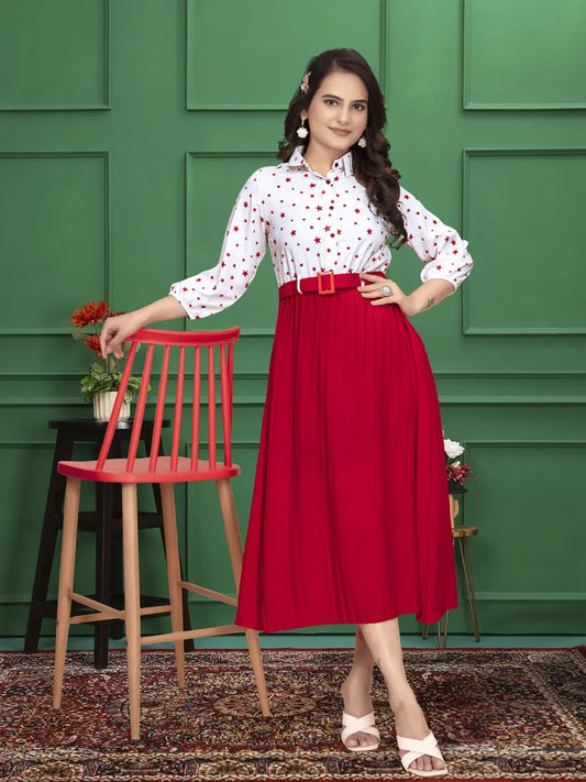 ZELZIS red & white solid crepe Christmas party dress