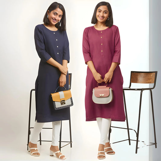 zelzis fashion online shopping Blue & Maroon Straight Plain Casual Wear Cotton Combo Kurtis