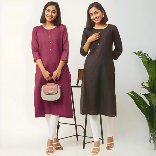 zelzis fashion online shopping Maroon & Black Straight Plain Casual Wear Cotton Combo Kurtis