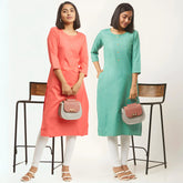 zelzis fashion online shopping Pink & Light Green Straight Plain Casual Wear Cotton Combo Kurtis
