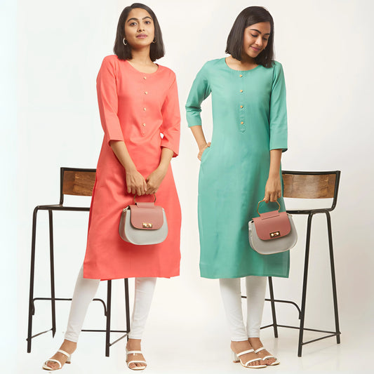zelzis fashion online shopping Pink & Light Green Straight Plain Casual Wear Cotton Combo Kurtis