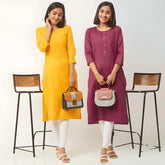 zelzis fashion online shopping Yellow & Maroon Straight Plain Casual Wear Cotton Combo Kurtis