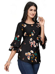 Multi-Colour Printed Crepe Top with Bell Sleeves & Keyhole Neck – Stylish Casual & Party Wear