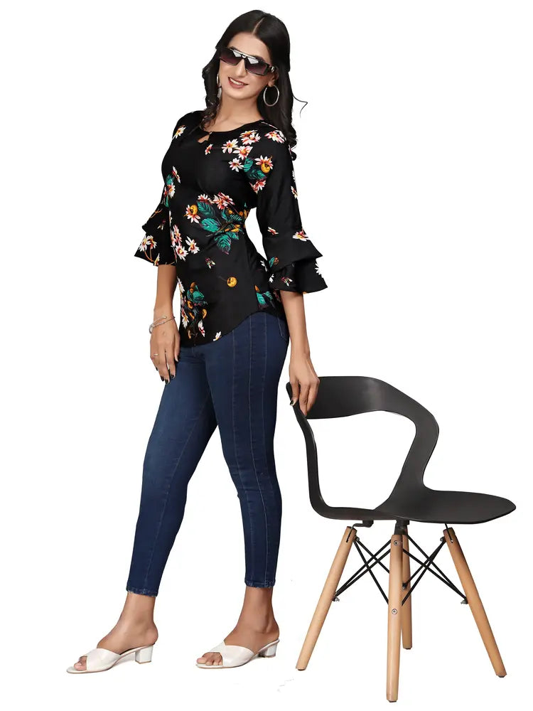 Multi-Colour Printed Crepe Top with Bell Sleeves & Keyhole Neck – Stylish Casual & Party Wear