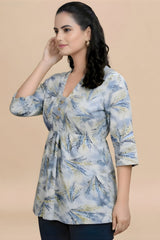 ZELZIS Women's Blue Tropical Leaf Print Cotton V-Neck 3/4 Sleeve Tunic Top