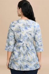 ZELZIS Women's Blue Tropical Leaf Print Cotton V-Neck 3/4 Sleeve Tunic Top