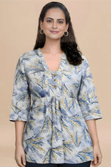 ZELZIS Women's Blue Tropical Leaf Print Cotton V-Neck 3/4 Sleeve Tunic Top