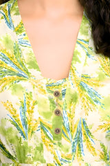 ZELZIS Women's Green Tropical Leaf Print Cotton V-Neck 3/4 Sleeve Tunic Top