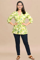 ZELZIS Women's Green Tropical Leaf Print Cotton V-Neck 3/4 Sleeve Tunic Top