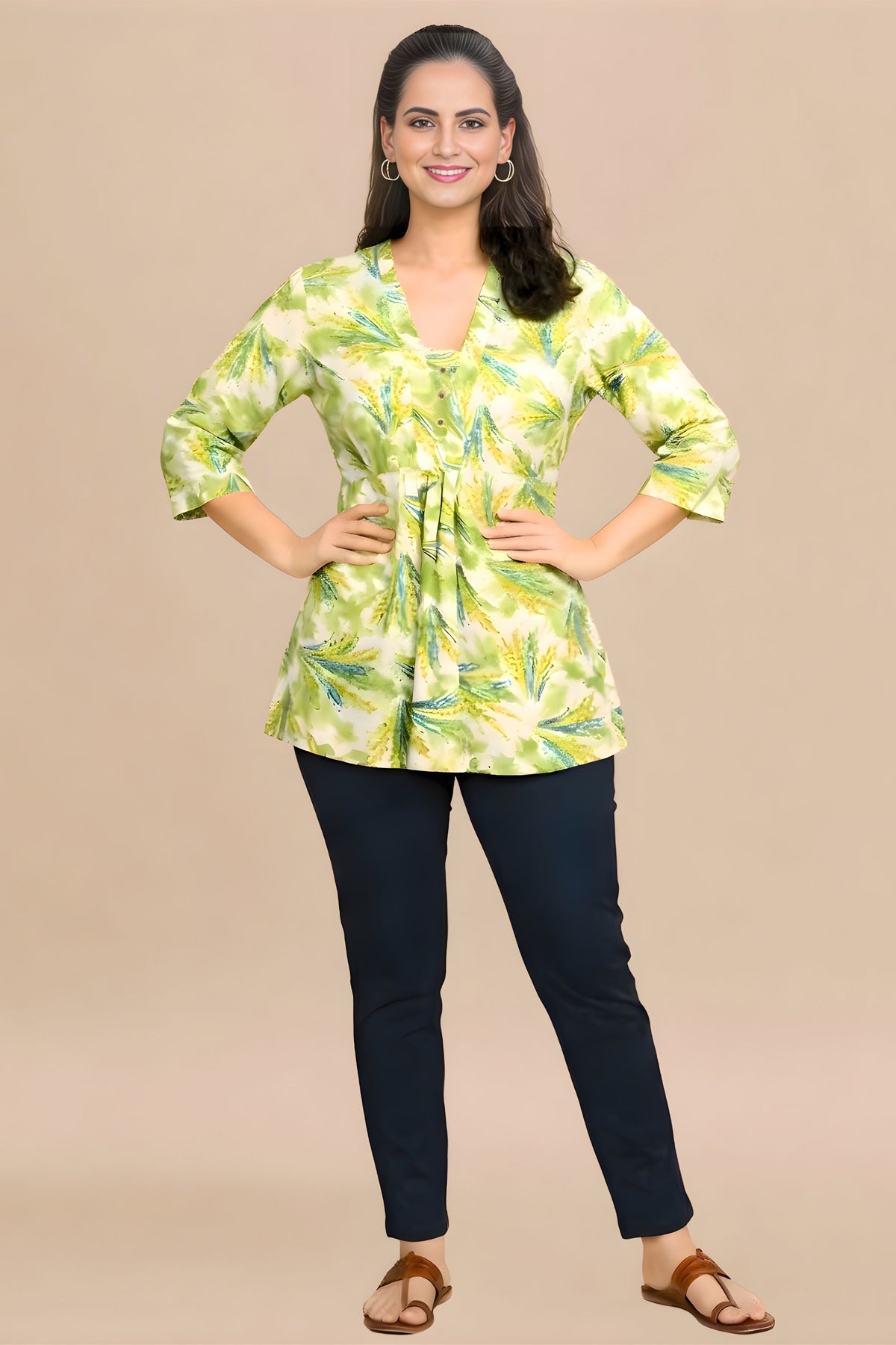 ZELZIS Women's Green Tropical Leaf Print Cotton V-Neck 3/4 Sleeve Tunic Top