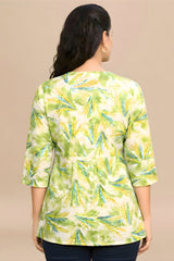 ZELZIS Women's Green Tropical Leaf Print Cotton V-Neck 3/4 Sleeve Tunic Top