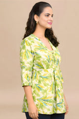ZELZIS Women's Green Tropical Leaf Print Cotton V-Neck 3/4 Sleeve Tunic Top