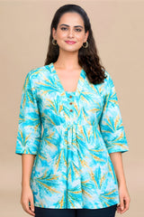 ZELZIS Women's Sky Tropical Leaf Print Cotton V-Neck 3/4 Sleeve Tunic Top