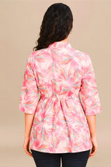 ZELZIS Women's Pink Tropical Leaf Print Cotton V-Neck 3/4 Sleeve Tunic Top