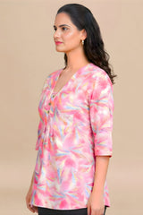 ZELZIS Women's Pink Tropical Leaf Print Cotton V-Neck 3/4 Sleeve Tunic Top