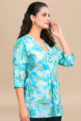 ZELZIS Women's Sky Tropical Leaf Print Cotton V-Neck 3/4 Sleeve Tunic Top