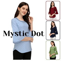 Women's Crepe Bindi Dot Bell Sleeve Top – Stylish Hip-Length Casual & Party Wear