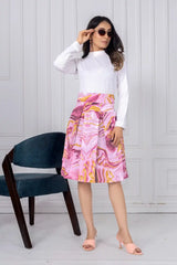 ZELZIS Women's Purple Marble Print Cotton Skirt with White Full-Sleeve Polyester Ribbed T-Shirt Set