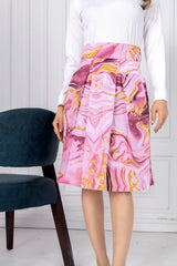 ZELZIS Women's Purple Marble Print Cotton Skirt with White Full-Sleeve Polyester Ribbed T-Shirt Set