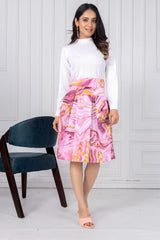 ZELZIS Women's Purple Marble Print Cotton Skirt with White Full-Sleeve Polyester Ribbed T-Shirt Set