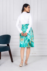 ZELZIS Women's Green Marble Print Cotton Skirt with White Full-Sleeve Polyester Ribbed T-Shirt Set
