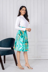 ZELZIS Women's Green Marble Print Cotton Skirt with White Full-Sleeve Polyester Ribbed T-Shirt Set