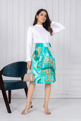 ZELZIS Women's Green Marble Print Cotton Skirt with White Full-Sleeve Polyester Ribbed T-Shirt Set