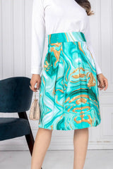 ZELZIS Women's Green Marble Print Cotton Skirt with White Full-Sleeve Polyester Ribbed T-Shirt Set
