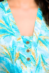 ZELZIS Women's Sky Tropical Leaf Print Cotton V-Neck 3/4 Sleeve Tunic Top