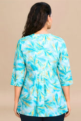 ZELZIS Women's Sky Tropical Leaf Print Cotton V-Neck 3/4 Sleeve Tunic Top