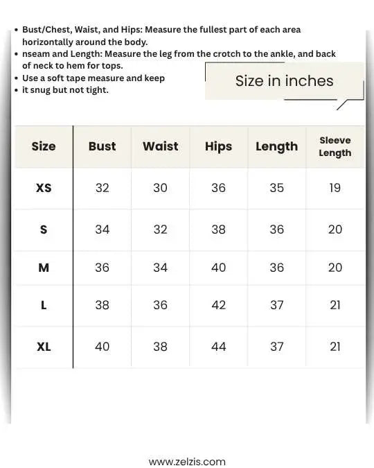 Size chart for clothing measurements with bust, waist, hips, length, and sleeve length dimensions.