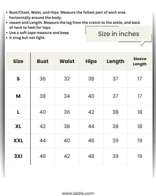 Size chart for clothing measurements with Zelizis branding