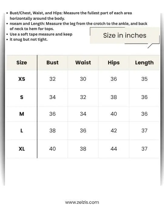 Size chart for clothing measurements with bust, waist, hips, and length dimensions.