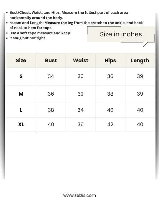 Size chart for clothing measurements with measurements in inches.