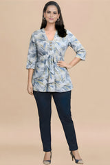 ZELZIS Women's Blue Tropical Leaf Print Cotton V-Neck 3/4 Sleeve Tunic Top