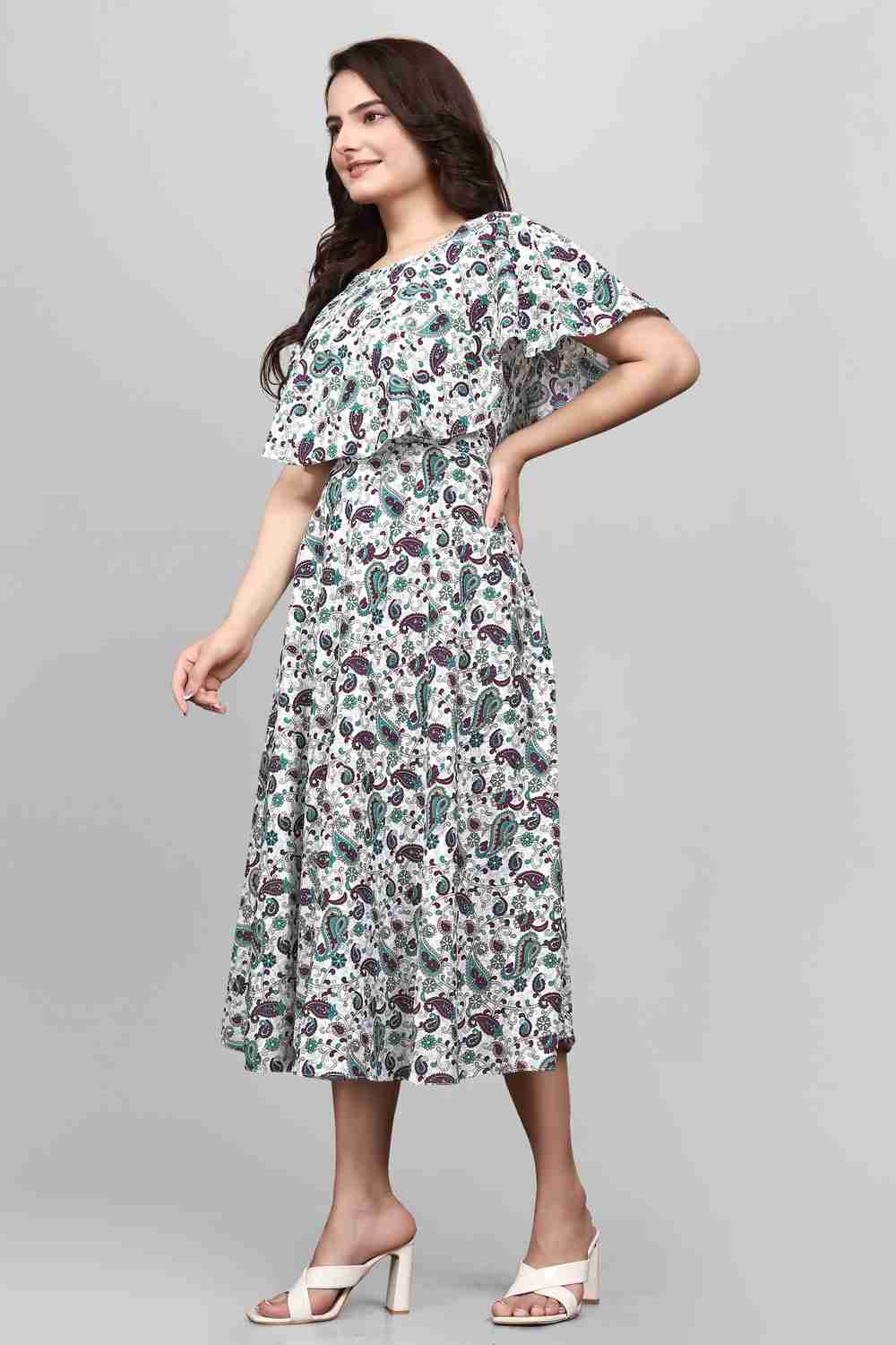 Beautiful Green Mango Floral Dress with Flared Sleeves by Zelzis





