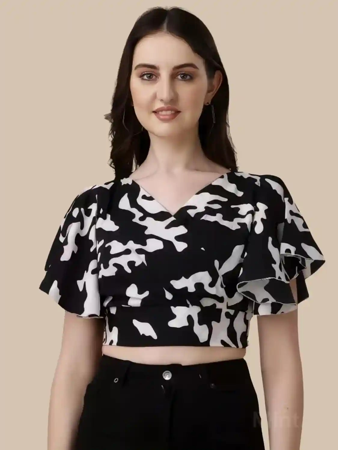 Black Floral Crepe Crop Top with V-Neck and Flared Sleeves for Women
