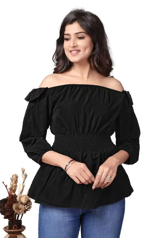 Black Off Shoulder Trendy Crepe Tops