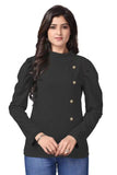 Black Puff Sleeve Polyester T-Shirt with Round Button Neck for Women
