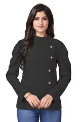 Black Puff Sleeve Polyester T-Shirt with Round Button Neck for Women
