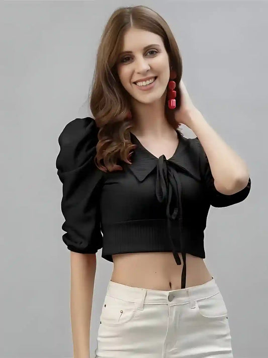 Black Trendy Short Polyester Crop Top for Women by ZELZIS
