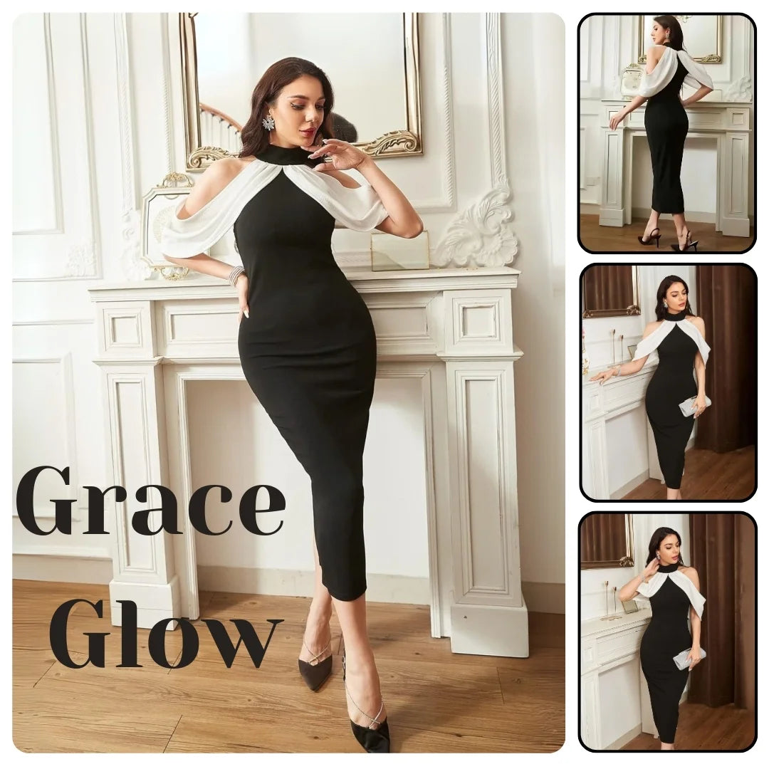 Black & White Solid Polyester Halter Neck Bodycon Dress – Sleeveless, Ankle Length
