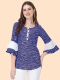 Blue Polka Dot Crepe Top with Round Button Neck for Women by ZELZIS
