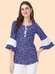 Blue Polka Dot Crepe Top with Round Button Neck for Women by ZELZIS
