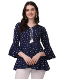 Blue Star Print V-Neck Crepe Tunic for Women by ZELZIS
