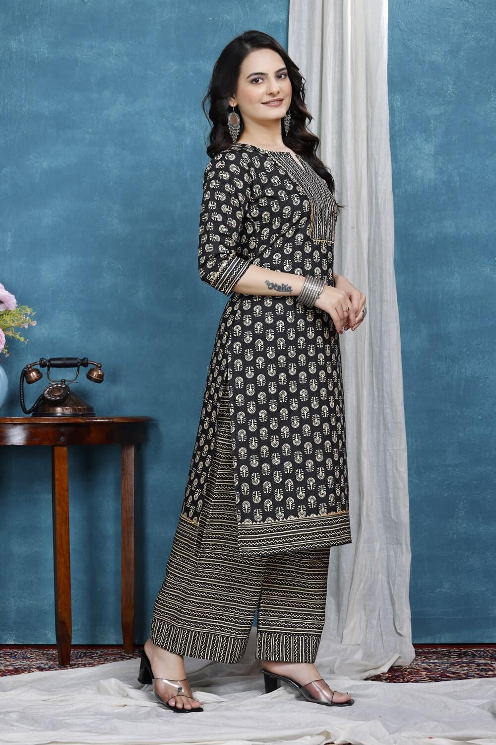 Casual and party wear black cotton kurta plazzo set

