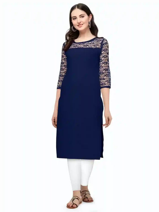 Casual and party wear blue crepe kurtis for women calf-length design


