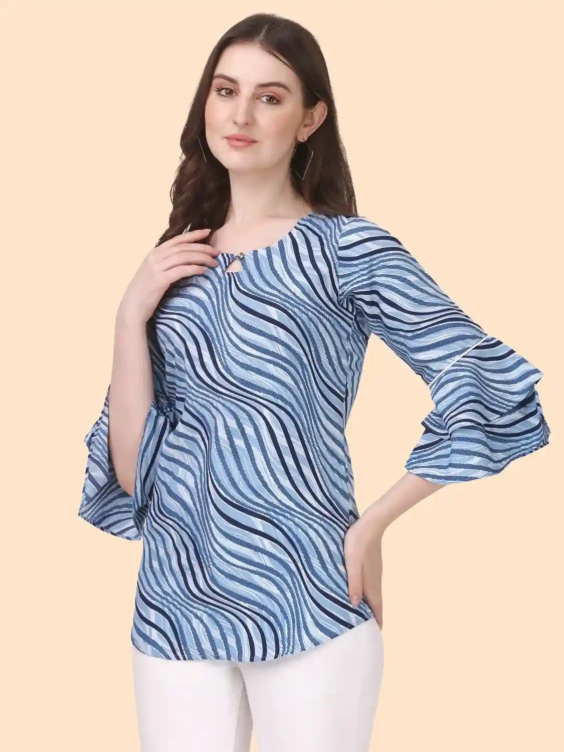 Chic Blue Striped Tunic Top for Women with Three-Quarter Sleeves
