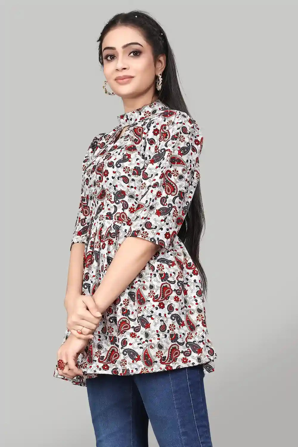 Chic Red Keyhole Neck Tunic for Women in Mango Floral Pattern

