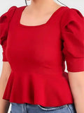 Chic Red Puff Sleeve Square Neck Top for Women Ideal for Parties & Events
